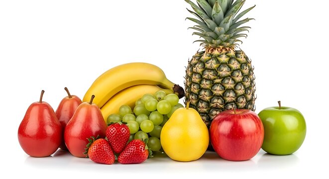 Fresh fruit arrangement with apples pears bananas pineapple grapes and strawberries on white background for healthy eating and nutrition concepts