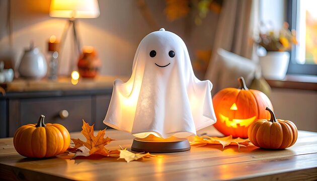 Smiling ghost with pumpkins on table.