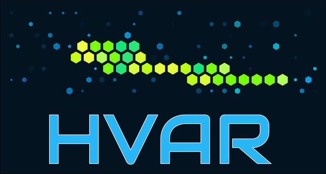 Hvar hexagon dots map. Croatia. Digital style shape of the island. Hvar map and title. Large green colored hexagons, sparse blue dots at background. Vector Illustration.