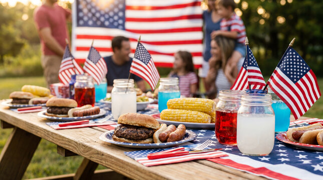 Memorial Day picnic table food drinks American flags summer celebration patriotic party BBQ outdoor photography advertising design