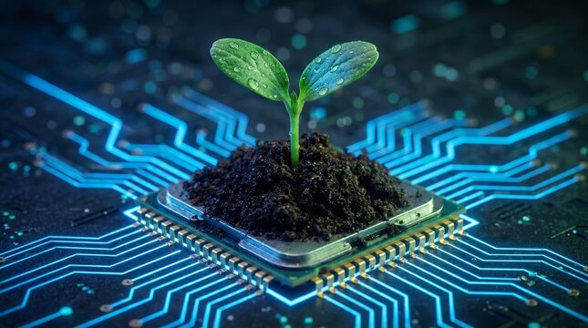 The Fusion of Technology and Nature A Sapling Growing on a Microchip Symbolizing Green Innovation and Sustainable Digital Growth