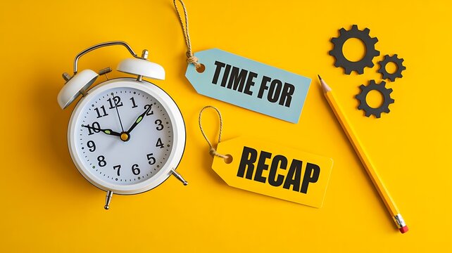 Time for recap concept with alarm clock and sticky note representing review and planning reminder idea