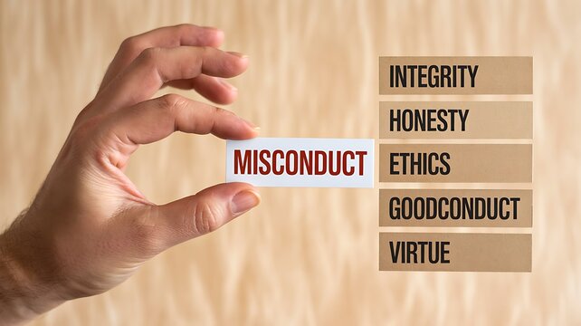 Hand removing misconduct block from ethics integrity honesty concept stack 