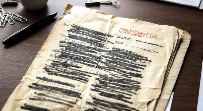 Old confidential document with redacted text on a wooden desk showing secrecy and classified information