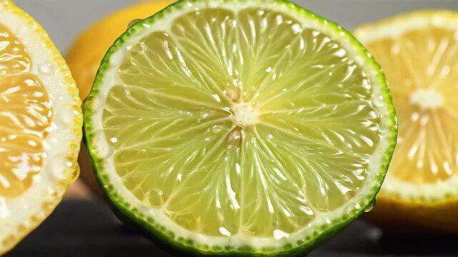 Closeup of a sliced lemon and lime halves showing juicy texture.