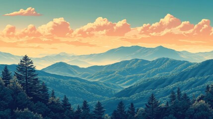 Fototapeta premium Blue Ridge Parkway Poster Illustration Travel Print Decor Gift Paper Canvas Wall Retro Art