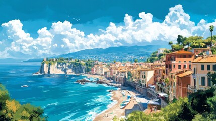 Fototapeta premium Naples Italy Poster Illustration Travel Print Decor Gift Paper Canvas Wall Retro Art