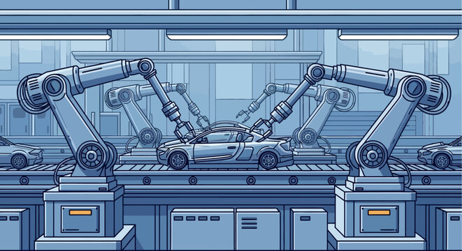 Robotic arms assemble a car on a factory production line with machinery