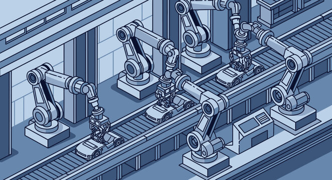 Robotic arms assemble products on a factory production line with conveyor belts and machinery