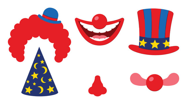 Colorful Circus Clown Photo Booth Props Set with Red Wig Striped Top Hat Wizard Cone and Smiling Nose Masks for Party Celebration