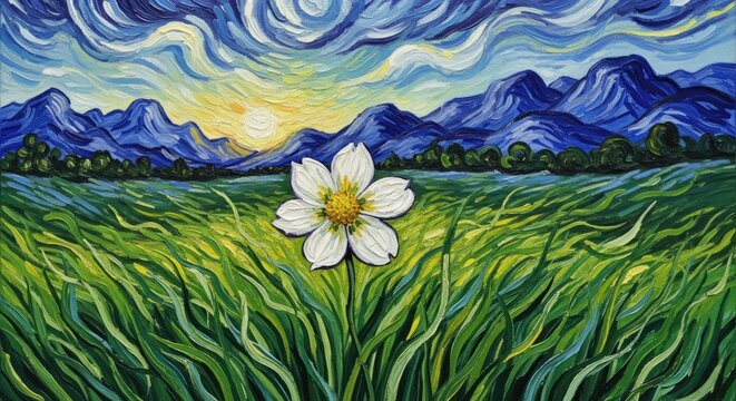 White flower in green meadow with blue mountain landscape
