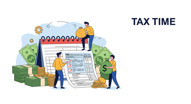 Tiny people calculating taxes around a giant calendar with bags of money during the busy tax season.