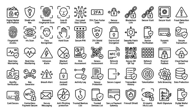 Cybersecurity icons collection digital security and data protection symbols flat vector design for web isolated on white background.