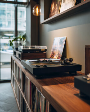Vinyl Record Player with Music Collection in Modern Living Room, Retro Audio and Home Entertainment Concept
