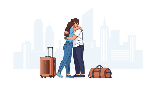 Young couple sharing a warm embrace while standing with their luggage against a misty city skyline background during their travels.