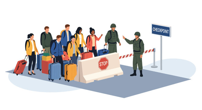 Group of diverse travelers with luggage waits at a military checkpoint guarded by soldiers behind a barrier with a stop sign.