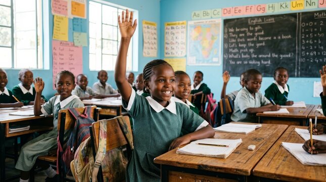 Happy young student participating in school lessons by answering a question.