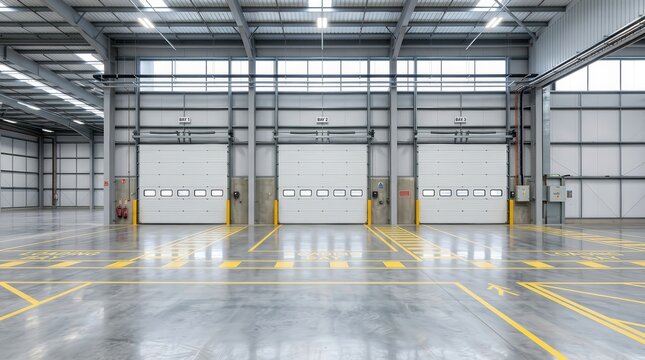 Three white roller shutter doors with small glass windows.