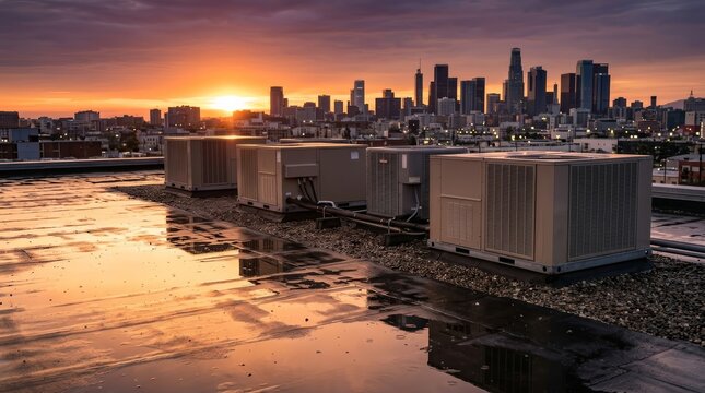 Urban skyline view from a commercial building rooftop during golden hour.