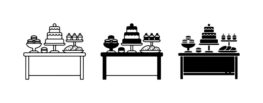 Dessert Table Icons: Cakes, Pastries, Treats, Celebration Buffet Vector Set