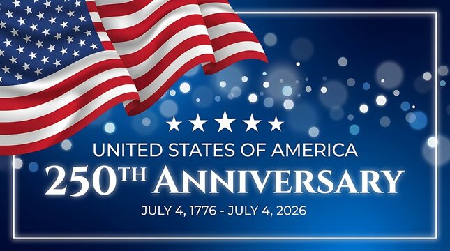 United states 250th anniversary commemoration graphic with american flag and starry background
