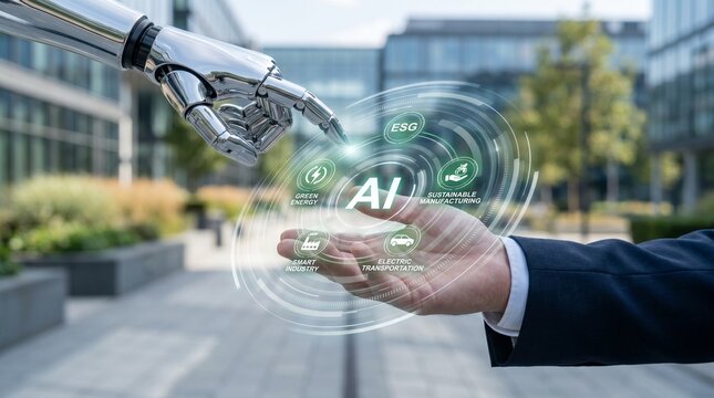 Artificial intelligence hand collaborating with human hand in a business setting, showcasing future technology integration and digital innovation for modern enterprises