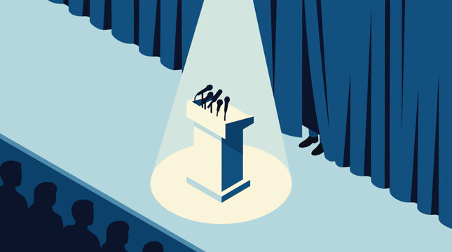 Isometric Vector Illustration of a Lectern with Microphones Under a Spotlight on Stage with Audience and Curtains for Public Speaking Concept