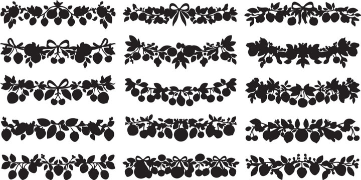 Vintage fruit garland silhouettes, set of 15 decorative floral borders with berries and leaves, black botanical divider vector collection for invitations