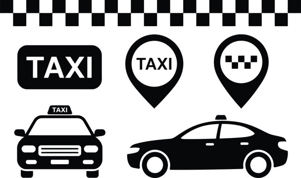 Taxi service icons and vehicle silhouettes black and white transportation graphics for commercial use