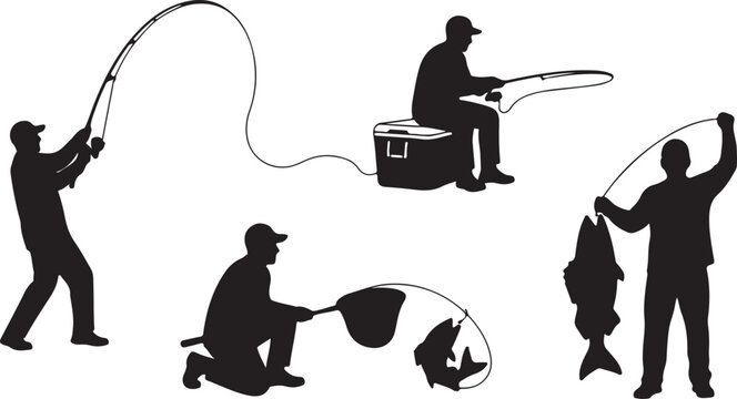 Fishing silhouette vector set, fisherman catching fish with rod and net, black silhouettes of men fishing on white background