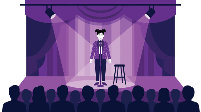 Female Standup Comedian Performing Monologue on Purple Theater Stage with Spotlight and Audience Silhouette