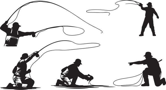 Fly fishing silhouette collection, 5 black and white fisherman vector elements, casting line and catching fish graphics for outdoor sports design