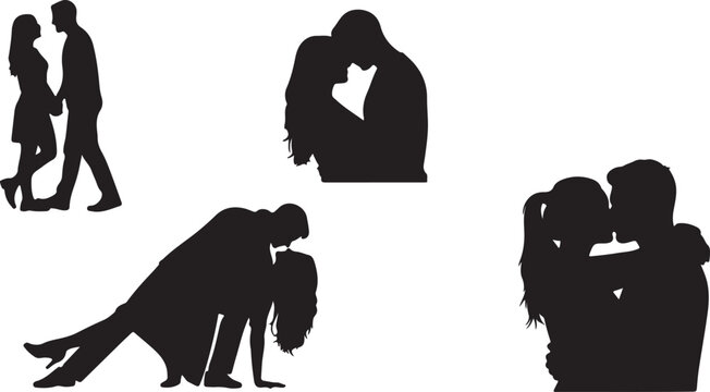 Romantic couple silhouettes set, black vector icons of lovers kissing and hugging, intimate man and woman figures for wedding and valentines day design