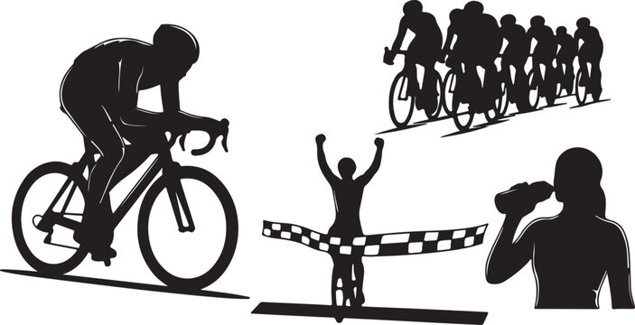 Professional cycling silhouette set, road bike racing athletes collection, cyclist crossing finish line and peloton group, black vector graphics