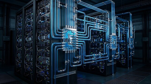 Advanced liquid cooling system for high performance servers in a modern data center with blue glowing pipes and server racks