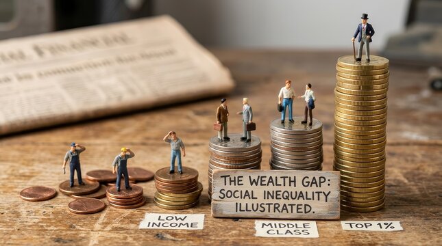 Small people navigating different levels of economic status and prosperity.