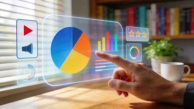 Businessman interacting with futuristic holographic interface displaying data analytics pie charts bar graphs and user ratings on virtual screen in modern office environment