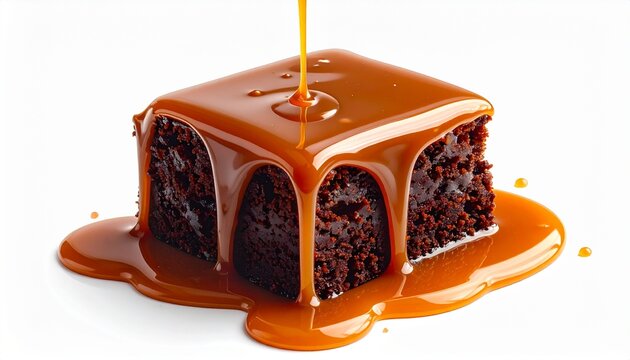 Chocolate brownie with caramel sauce dripping.