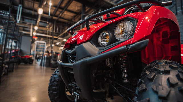Closeup of a red ATV quad bike in a modern powersports showroom with rugged tires.