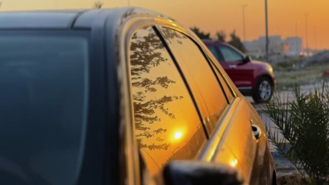 Cinematic close-up of a golden sunset reflecting on a sleek black car window. Shallow depth of field shows a blurred red SUV in the background during golden hour at an outdoor location.