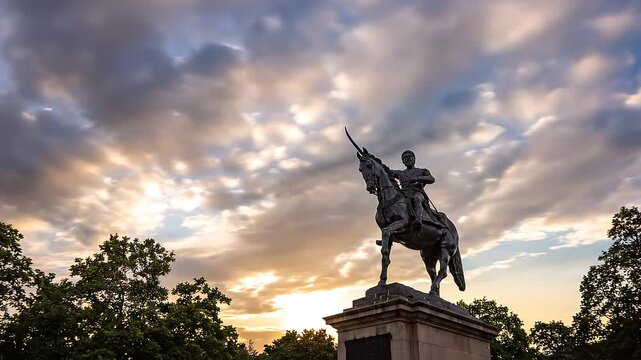 Timelapse of Statue of Chhatrapati Shivaji Maharaj on horseback riding a horse with raised sword Pratapgad, Maharashtra, India