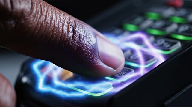 Fingertip hovering just above a payment surface as a soft electromagnetic ripple forms between them, visualizing contactless transaction, biometric verification and secure digital interaction