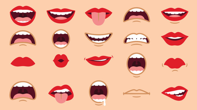 Set of Cartoon Mouth Expressions with Red Lips and Teeth for Character Animation and Emoticons Vector Illustration