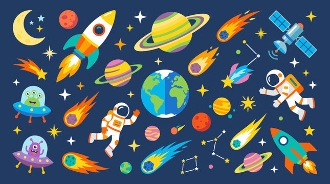 vibrant space exploration illustration with planets astronauts rockets and aliens on dark blue background
