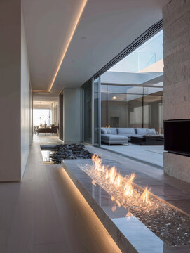 Modern luxury hallway with linear fireplace, glass walls, and minimalist architectural design.