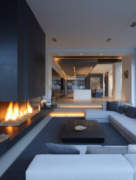 Modern luxury living room with fireplace, sofas, and open kitchen in a minimalist interior.