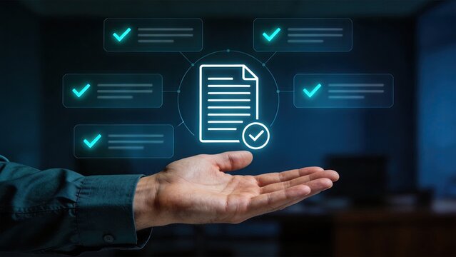 Businessman hand holding holographic document with checkmarks digital approval concept virtual verification interface modern technology corporate workflow data security online