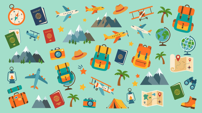 Vibrant Travel Icons Collection Seamless Pattern for Vacation Adventures and Global Exploration