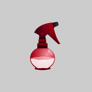 A red spray bottle continuously sprays mist against a light gray background