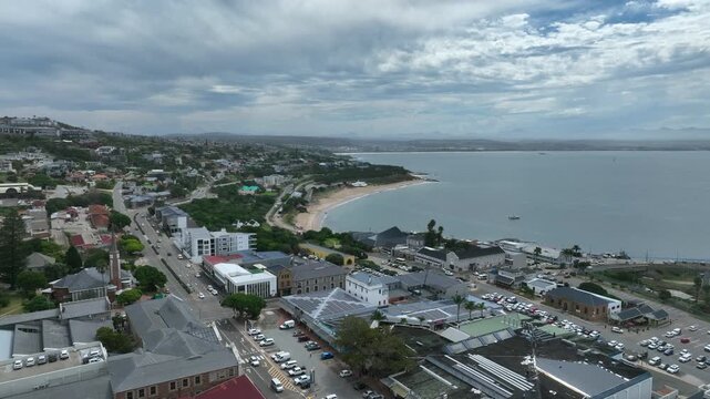 Drone flight over Mossel Bay city center, South Africa.
